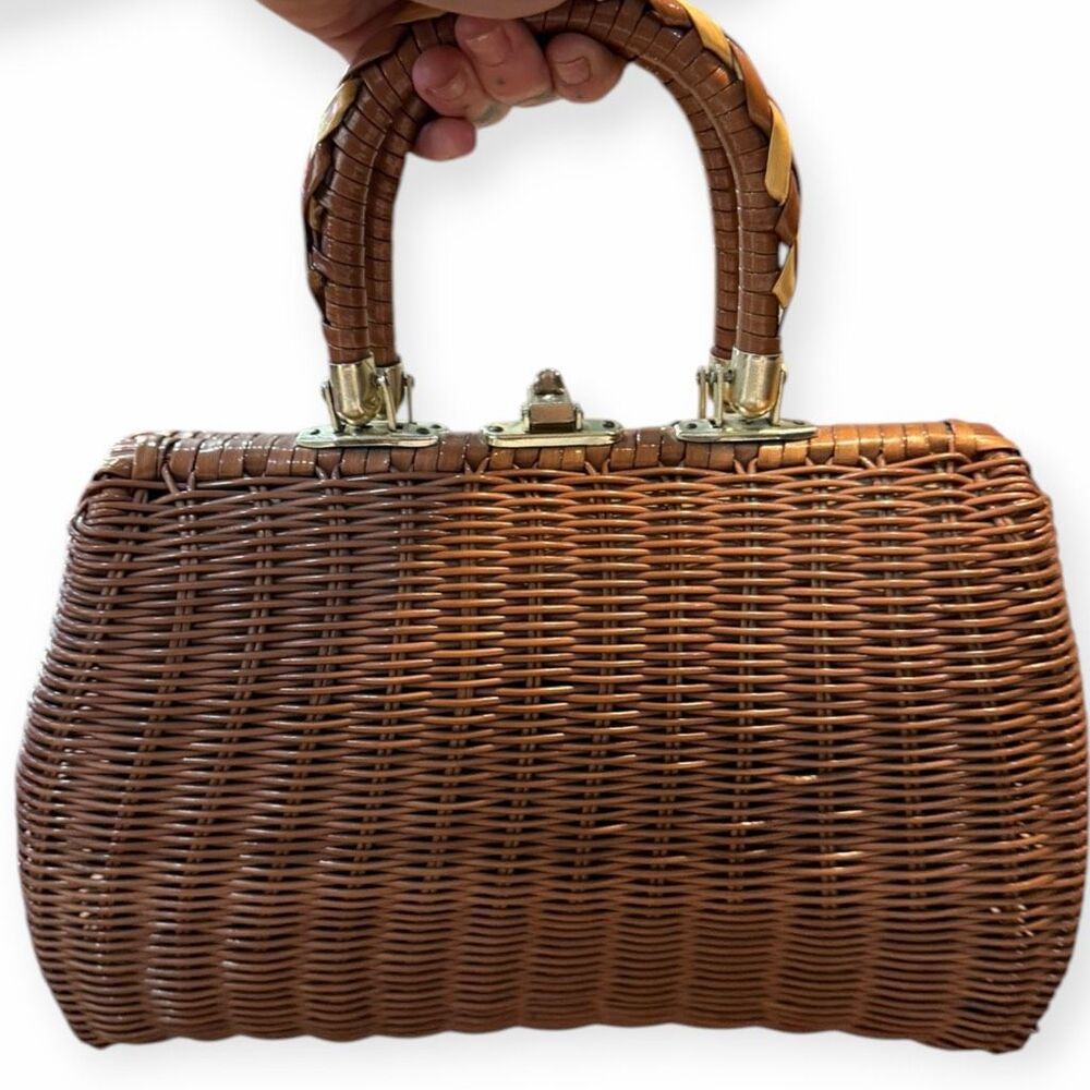 VINTAGE Brown Rattan Wicker Beaded Box Handbag Top Handle Purse Empire Made - Picture 2 of 7